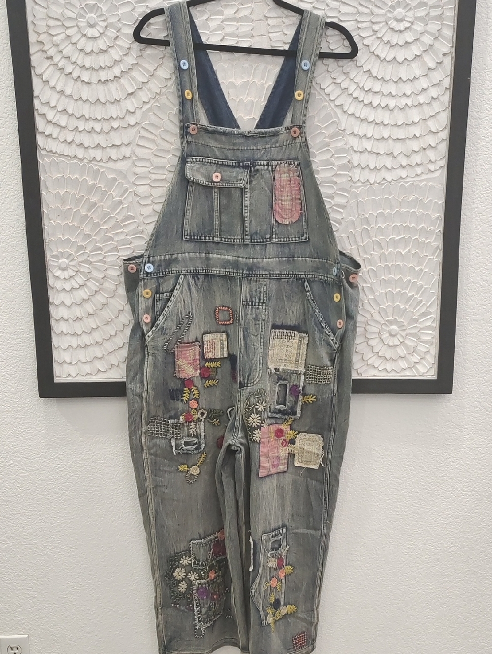 Boho Embroidered Mineral Wash Patchwork Denim Overalls Vintage Wash Oversize Fit - Picture 3 of 7